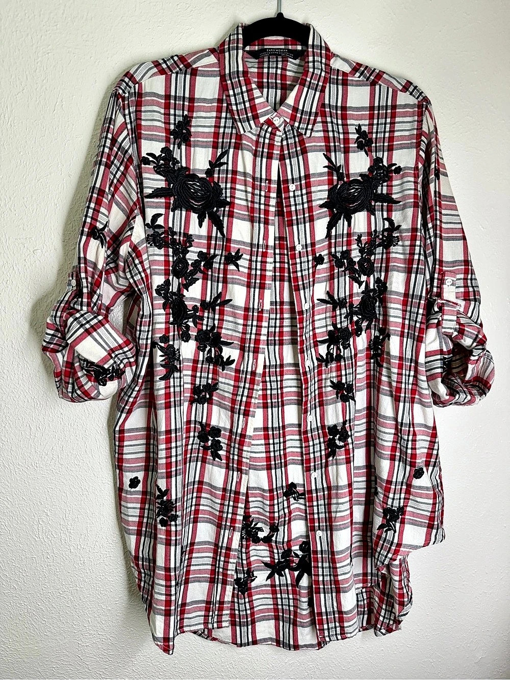 Zara Plaid Button Down Shirt in Red & White with black floral embroidery